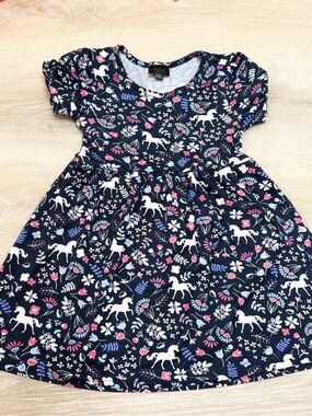 Girls' Navy Unicorn & Floral Casual Dress